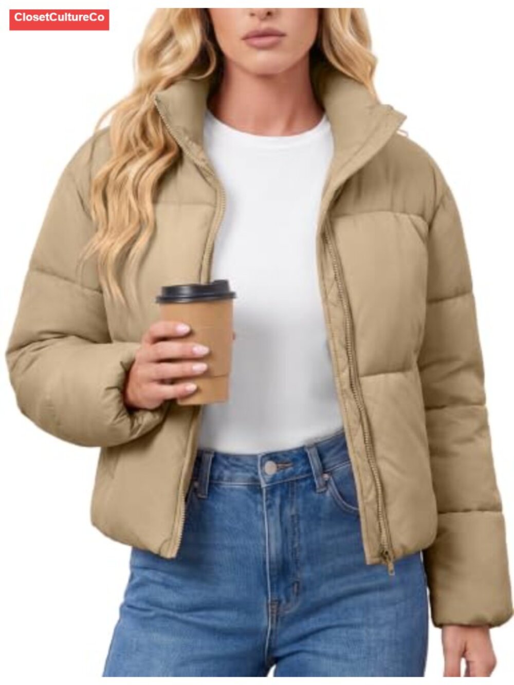 Cropped Quilted Puffer Jacket Stand Collar Zip Up Warm Winter Coat